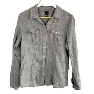 Blue Saks Fifth Avenue Linen Top Size Large Grey Button Up Long Sleeve Pockets